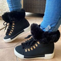 Lace - up Boots Cute Lined Furry Ankle Boots Outdoor Walking Flat Shoes Black