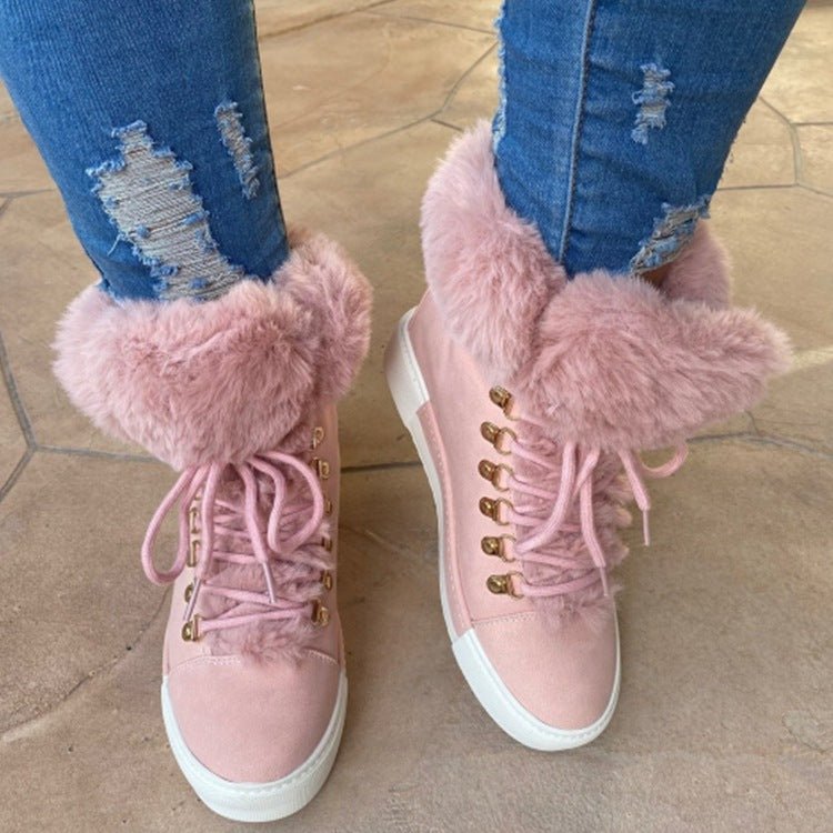 Lace - up Boots Cute Lined Furry Ankle Boots Outdoor Walking Flat Shoes Pink