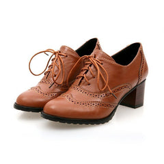 Lace Up Chunky Heel Pumps Baroque Women's Mid - heel Shoes Brown