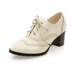 Lace Up Chunky Heel Pumps Baroque Women's Mid - heel Shoes Beige