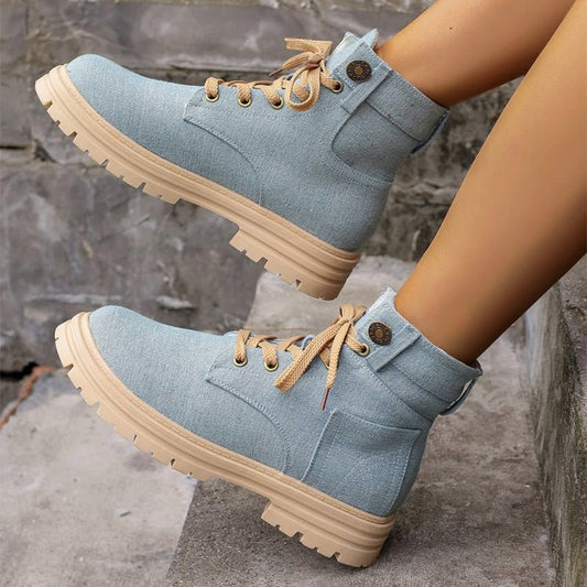 Lace - up Denim Ankle Boots Sky Blue