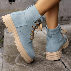 Lace - up Denim Ankle Boots Sky Blue