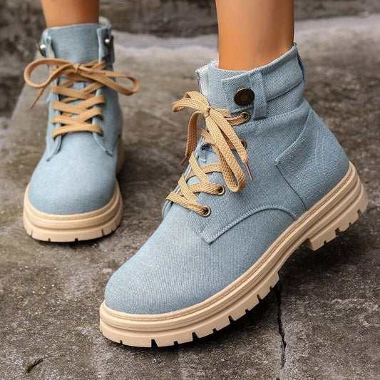 Lace - up Denim Ankle Boots Sky Blue