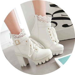Lace - up Martens Boots With High Heels And Thick Heels White