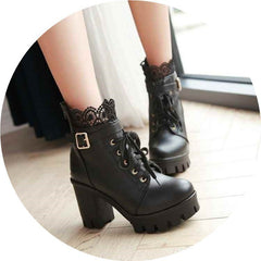 Lace - up Martens Boots With High Heels And Thick Heels Black