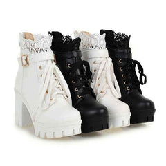 Lace - up Martens Boots With High Heels And Thick Heels White