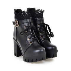Lace - up Martens Boots With High Heels And Thick Heels Black