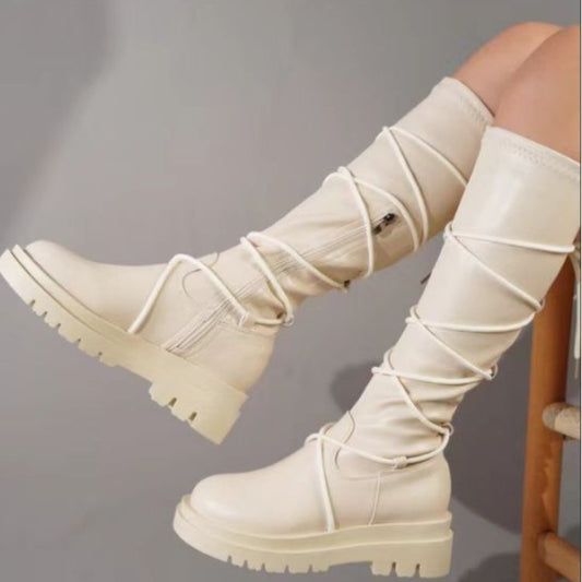 Lace - Up Platform Boots White Long Cowboy Boots Women White