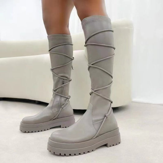 Lace - Up Platform Boots White Long Cowboy Boots Women Grey