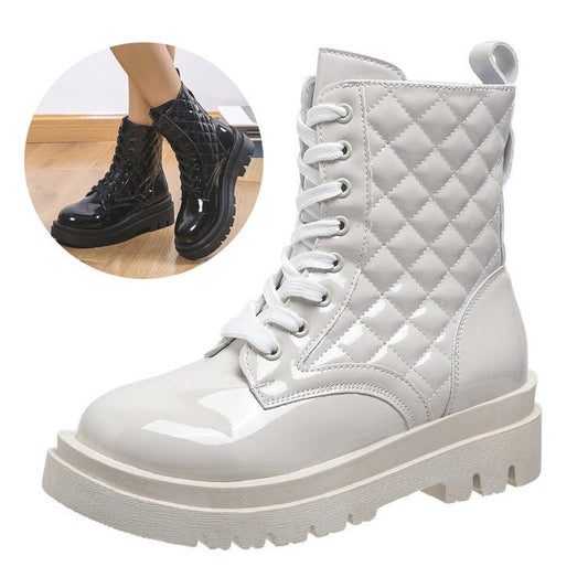 Lace - up Thick - heeled Minimalist Motorcycle Shoes Beige