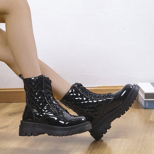 Lace - up Thick - heeled Minimalist Motorcycle Shoes Beige