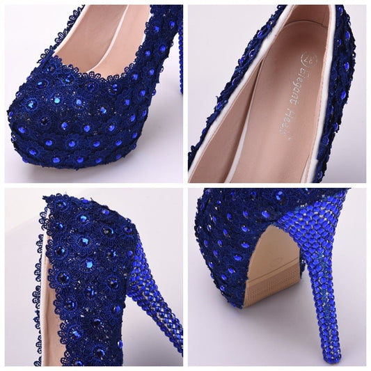 Lace Wedding Shoes Rhinestone Blue Lace Shoes Blue 14 Heel Height