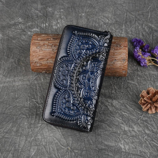 Ladies Leather Embossed Long Clutch Wallet Blue