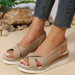 Ladies Plus Size Cross Wedge platform comfortable sandals Sandals Beige