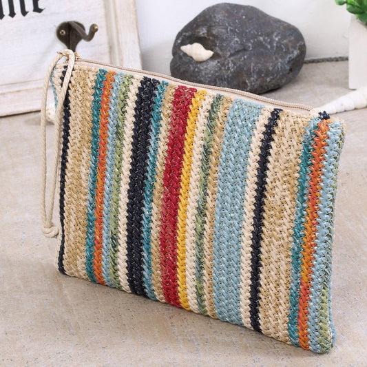 Ladies Striped Straw Clutch Bag Rainbow