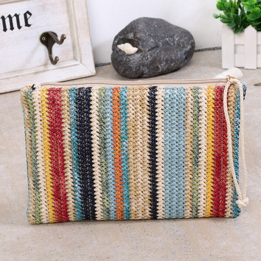 Ladies Striped Straw Clutch Bag Rainbow