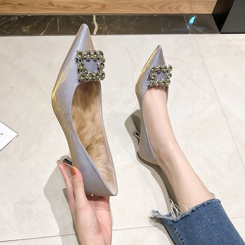 Ladies Style Satin Women's High - heeled Shoes Plus velvet blue