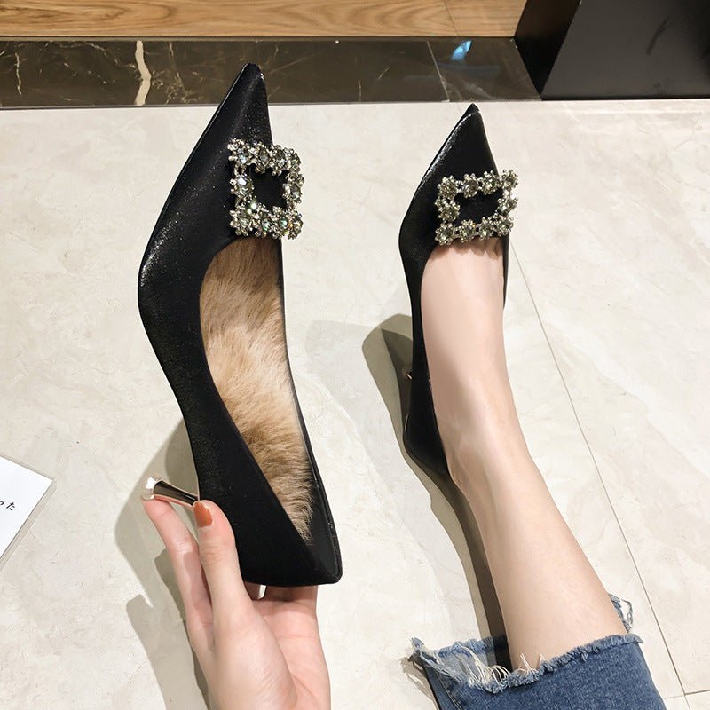 Ladies Style Satin Women's High - heeled Shoes Plus velvet black