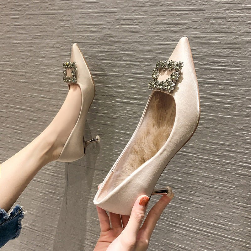Ladies Style Satin Women's High - heeled Shoes Plus velvet apricot