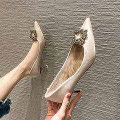 Ladies Style Satin Women's High - heeled Shoes Plus velvet apricot