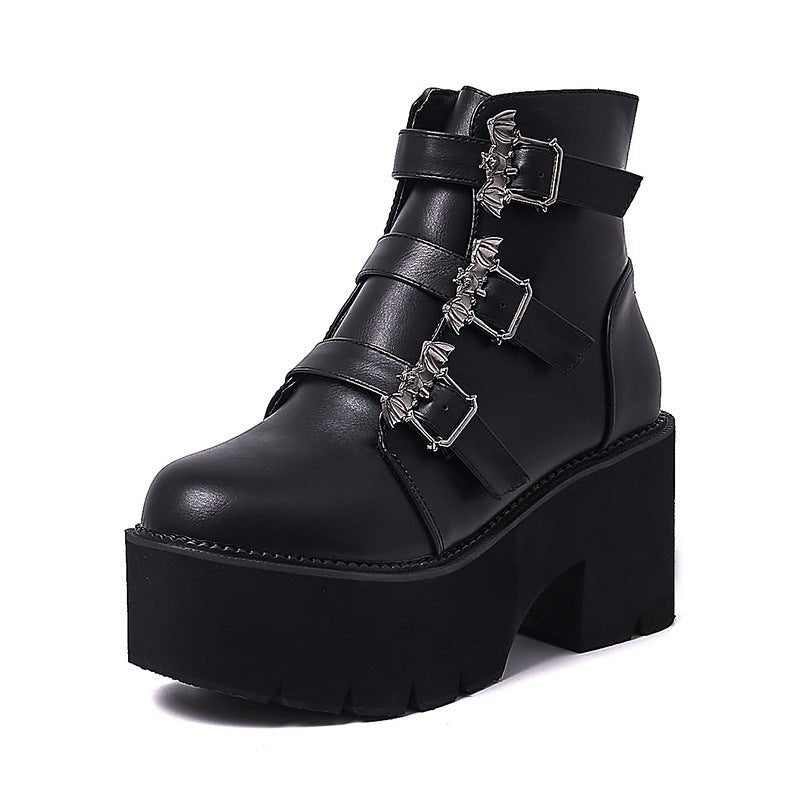 Lady Japanese Harajuku Punk Bat Buckle Gothic Style Short Boots Black