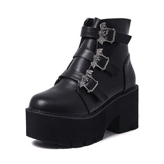 Lady Japanese Harajuku Punk Bat Buckle Gothic Style Short Boots Black