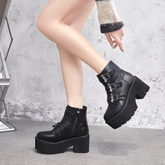 Lady Japanese Harajuku Punk Bat Buckle Gothic Style Short Boots Black