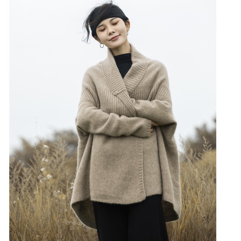 Lapel Drop Shoulder Mid - length Thickened Heavy Chunky Knitted Sweater Raw Velvet Camel