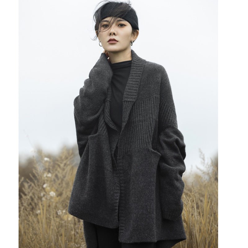 Lapel Drop Shoulder Mid - length Thickened Heavy Chunky Knitted Sweater Charcoal Gray