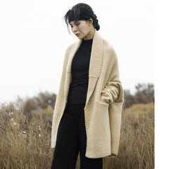 Lapel Drop Shoulder Mid - length Thickened Heavy Chunky Knitted Sweater Raw Velvet Beige