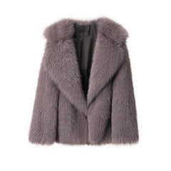 Lapel Leather Women's Faux Fur Coat Artificial Wool Clip Winter Coat Dark Gray