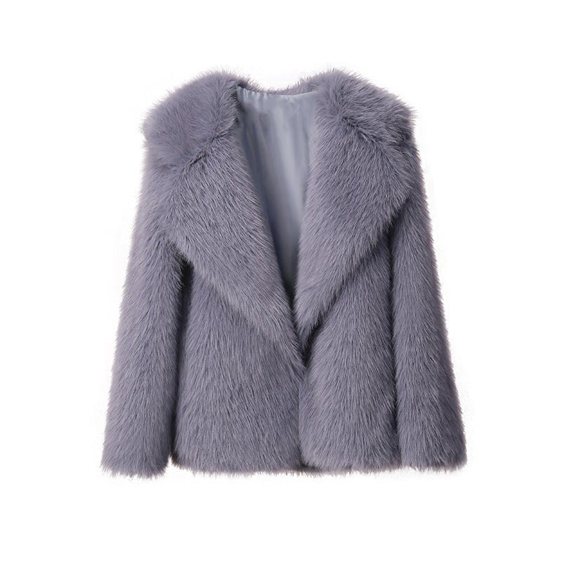 Lapel Leather Women's Faux Fur Coat Artificial Wool Clip Winter Coat Gray