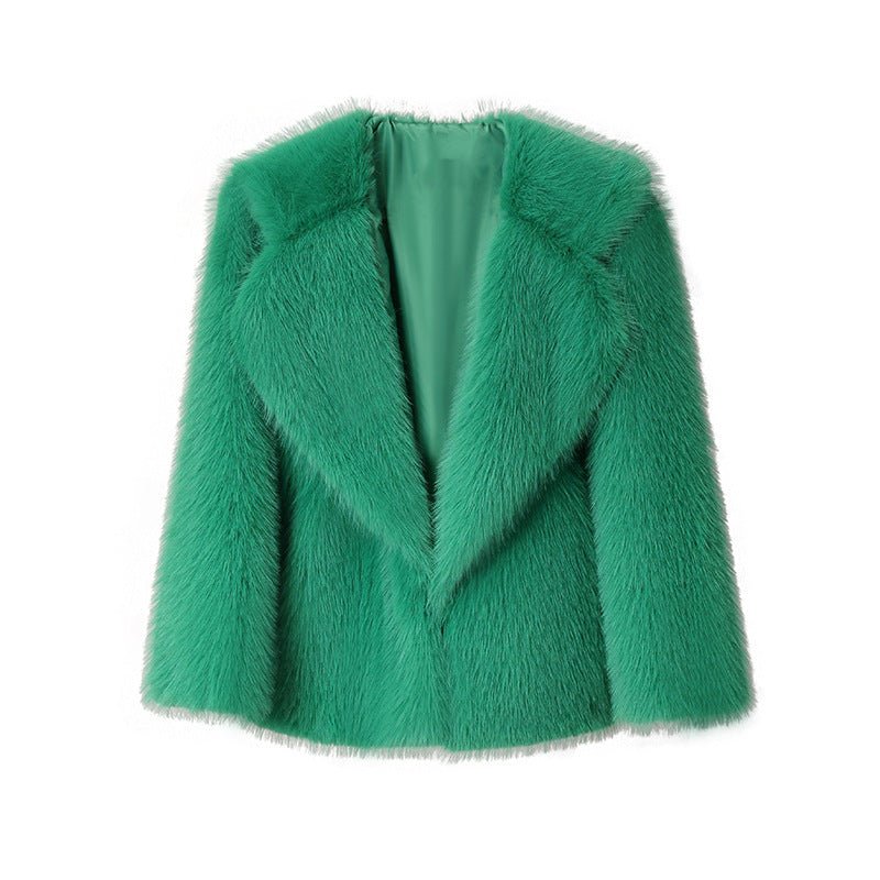 Lapel Leather Women's Faux Fur Coat Artificial Wool Clip Winter Coat Green