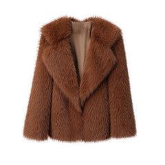 Lapel Leather Women's Faux Fur Coat Artificial Wool Clip Winter Coat Caramel