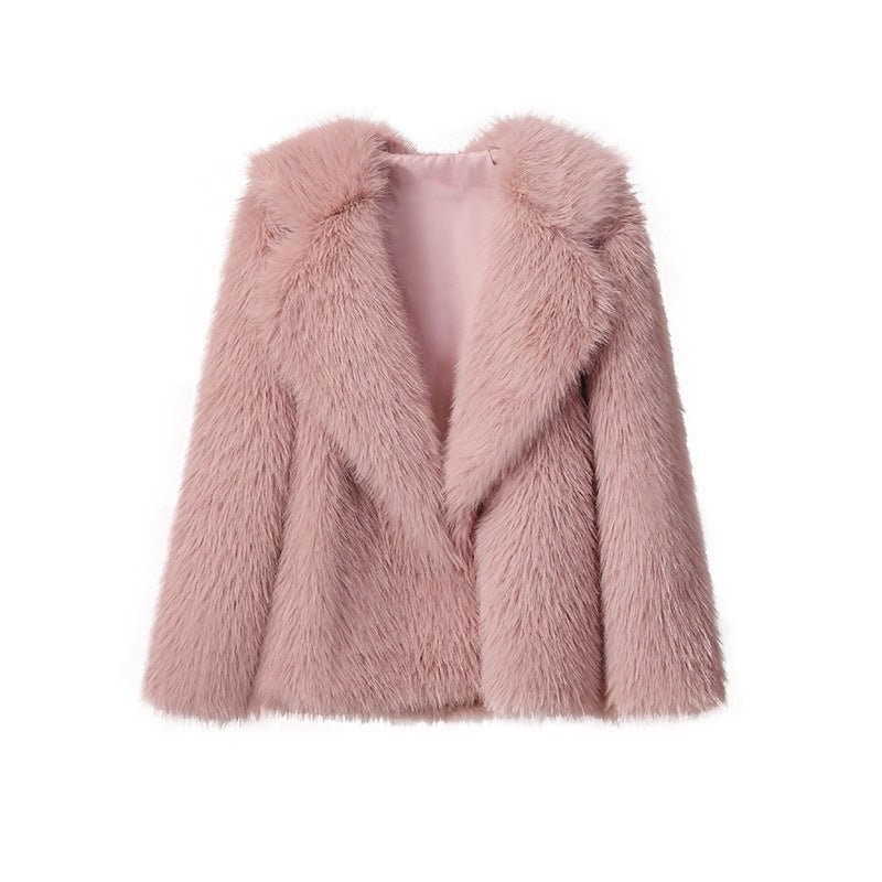 Lapel Leather Women's Faux Fur Coat Artificial Wool Clip Winter Coat Pink