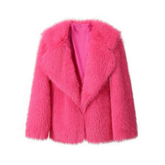 Lapel Leather Women's Faux Fur Coat Artificial Wool Clip Winter Coat Rose Red