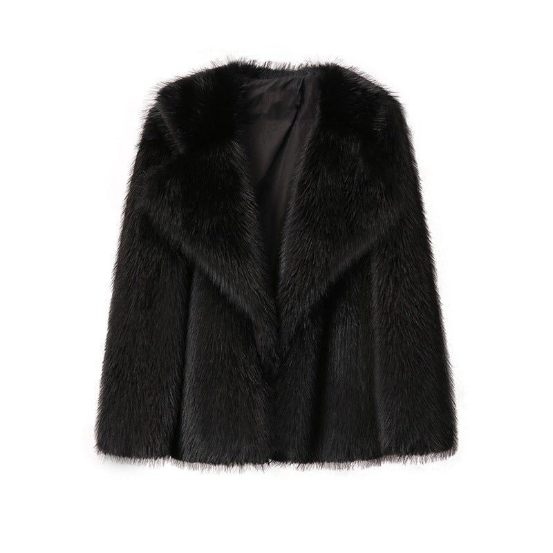 Lapel Leather Women's Faux Fur Coat Artificial Wool Clip Winter Coat Black