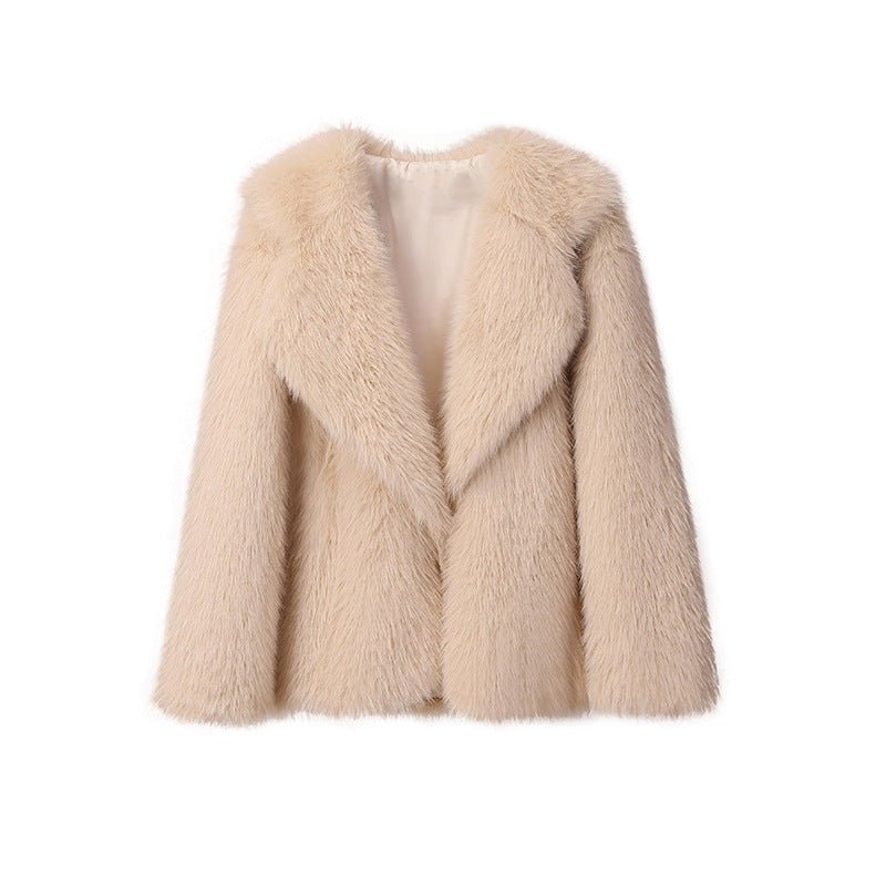 Lapel Leather Women's Faux Fur Coat Artificial Wool Clip Winter Coat Beige