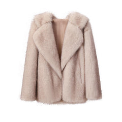 Lapel Leather Women's Faux Fur Coat Artificial Wool Clip Winter Coat Beige