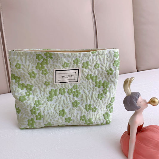 Large Capacity Jacquard Fabric Cosmetic Bag Green Small Flower