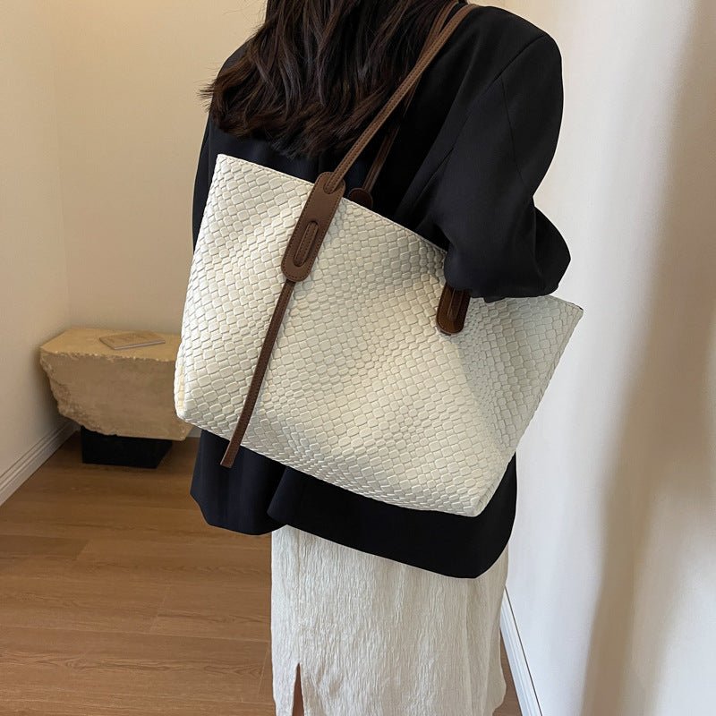 Large Capacity Woven Shouder Bgas Women Versatile Retro Textured Solid Color Totes Beige