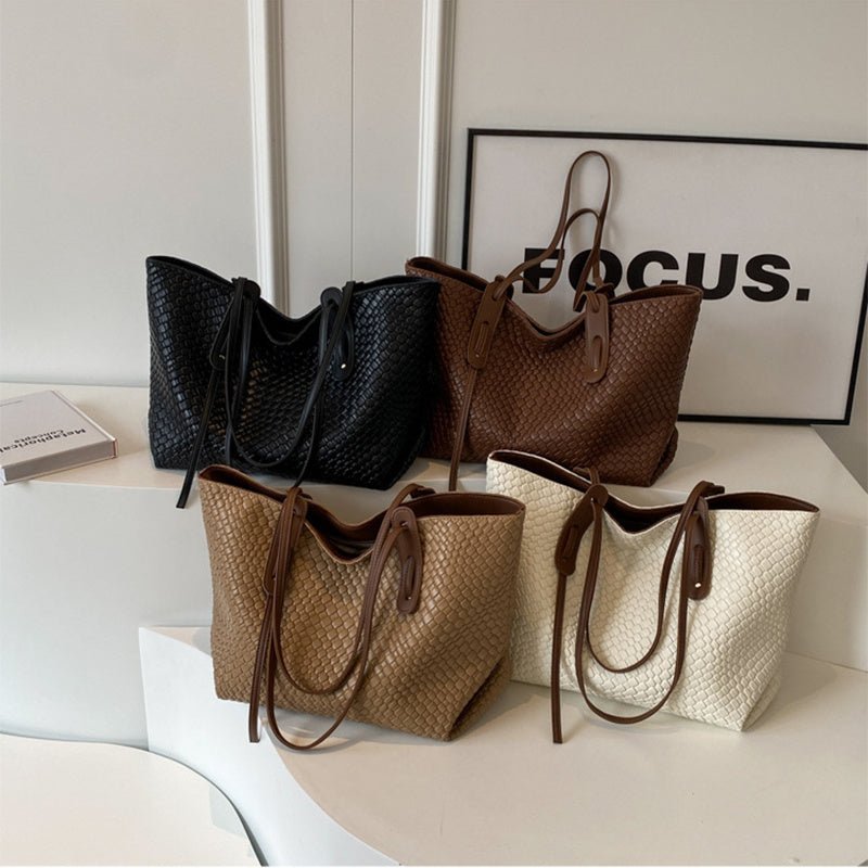 Large Capacity Woven Shouder Bgas Women Versatile Retro Textured Solid Color Totes Beige