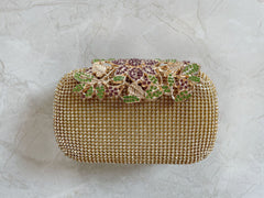 Leaf - shaped Flowers Diamond Dinner Clutch Colorful Crystals Gold