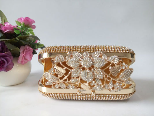 Leaf - shaped Flowers Diamond Dinner Clutch Black