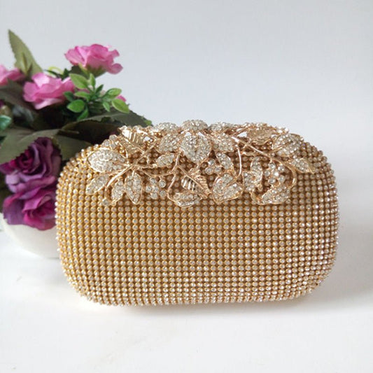 Leaf - shaped Flowers Diamond Dinner Clutch Black