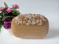 Leaf - shaped Flowers Diamond Dinner Clutch Gold