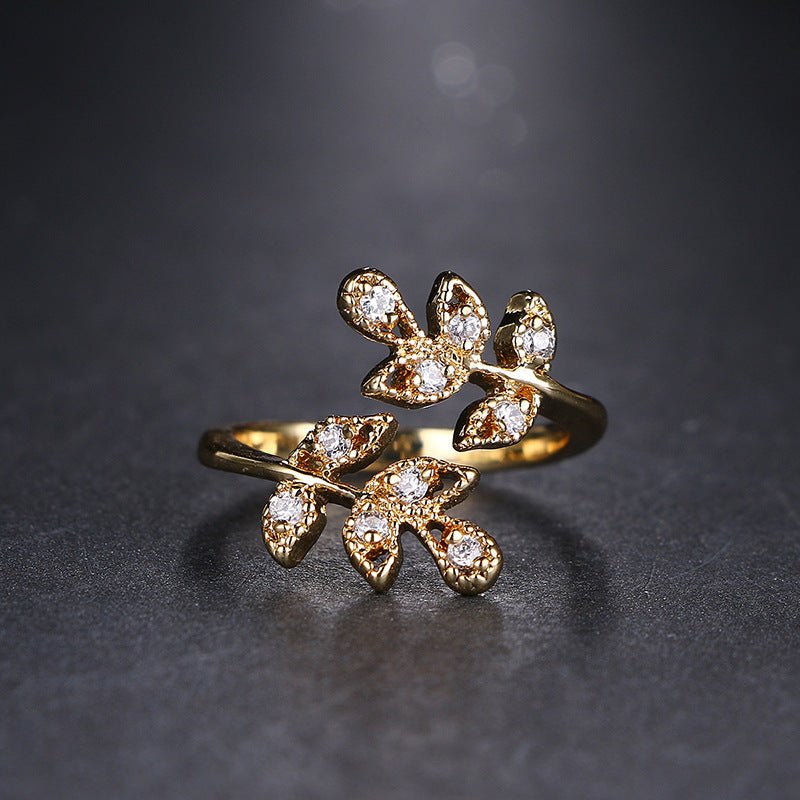 Leaf - shaped Open Diamond Ring with 18K Real Gold Plating Gold