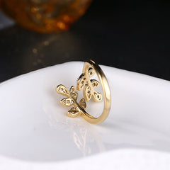 Leaf - shaped Open Diamond Ring with 18K Real Gold Plating Gold