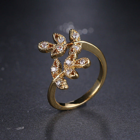 Leaf - shaped Open Diamond Ring with 18K Real Gold Plating Gold