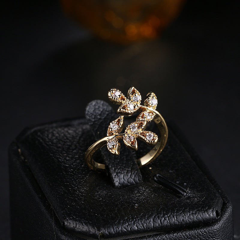 Leaf - shaped Open Diamond Ring with 18K Real Gold Plating Gold